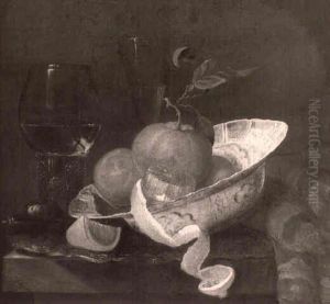 Still Life Of A Wine Glass, A Roemer And A Bowl Of Oranges On A Table Top by Willem Ernst Wunder