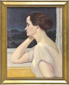 Bildnis Von Wunderwalds Erster Ehefrau Minna Am Fenster Vor Dem Nachtlichen Westend by Gustav Wunderwald
