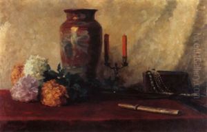 Stilleben Mit Japanischem Kurzschwert, Porzellanvase Und Chrysanthemen by Wilhelm Wunderwald