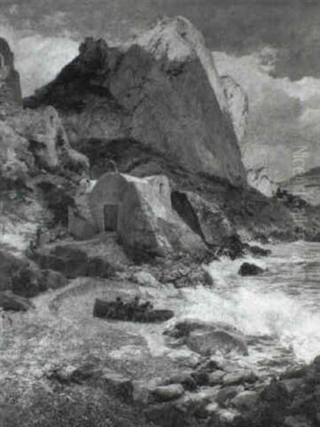 A Rocky Coastal View With Boys Pushing A Boat, Capri - view 1