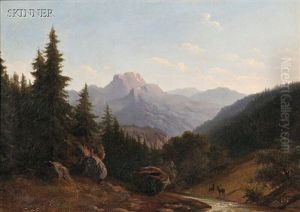 Mountain Landscape With Hunter Stalking Deer by Walther Wuennenberg