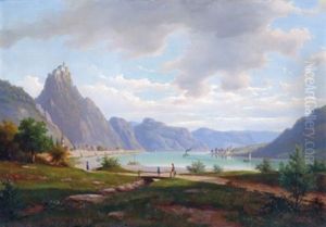 Mittelrheinlandschaft Mit Einer Hochgelegenen Burg Und Einem Dampfschiff