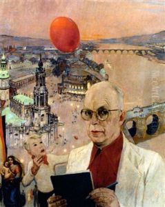 Selbstportrait, Blick Von Der Hohe Auf Dresden In Abendlicher Beleuchtung Mit Den Zwei Elbbrucken