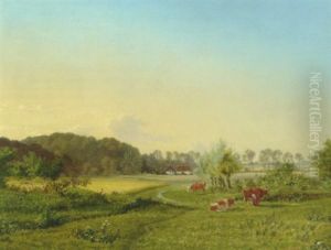 Dansk Sommerlandskab Med Koer Pa Marken Og En Bondepige I Faerd Med At Malke by Carl Wurtzen
