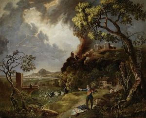 Gewitterlandschaft Mit Vom Blitz Getroffener Frau Und Ihrem Trauernden Gefahrten by Johann Matthias Wurzer