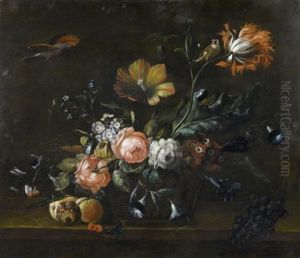 Blumenstilleben Mit Kleinvogel Und Einem Schmetterling