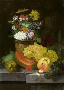 Stilleben Mit Fruchten Und Blumenkorb Auf Einer Steinbrustung by Johann Matthias Wurzer