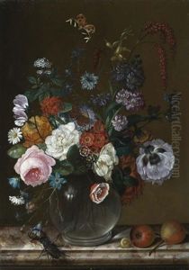 Stilleben Mit Blumen In Glasvasen, Fruchten Und Insekten Auf Einer Marmorplatte (pair)
