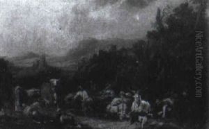 Extensive Rocky Landscape With Cattle And Goats By A Waterfall by Johann Matthias Wurzer