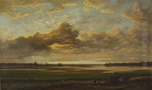 Sunset River Landscape With Impending Clouds - view 1