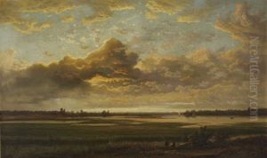 Sunset River Landscape With Impending Clouds by Alexander Ferdinand Wust