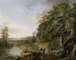 Eine Flusslandschaft Mit Bauern Und Vieh by Johann-Heinrich Wuest