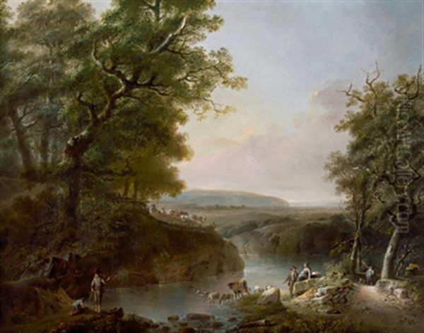 Flusslandschaft Mit Figurenstaffage Und Rastenden Schafen - view 1