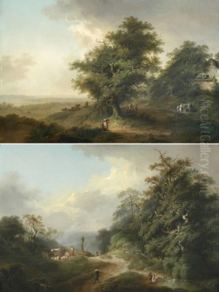 Belebte, Baumbestandene Landschaft Mit Bauernhaus Und Brunnen Und Blick In Ein Weites Tal (+ Bauersleute Und Vieh In Hugeliger, Baumbestandener Landschaft Mit Kleinem Weiher; Pai - view 1