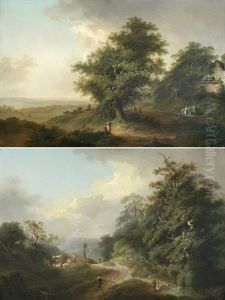 Belebte, Baumbestandene Landschaft Mit Bauernhaus Und Brunnen Und Blick In Ein Weites Tal (+ Bauersleute Und Vieh In Hugeliger, Baumbestandener Landschaft Mit Kleinem Weiher; Pai by Johann-Heinrich Wuest