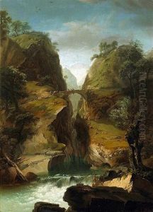 A Gorge In A Rocky Landscape With A Waterfall And A Fisherman by Johann-Heinrich Wuest