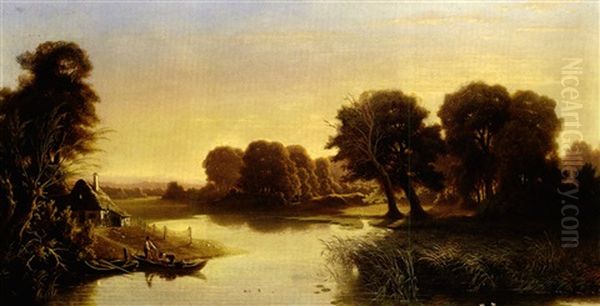 Abendliche Teichlandschaft Mit Fischern Und Prachtvollem Wald - view 1