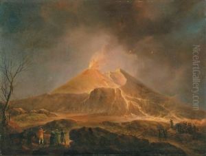 A View Of Vesuvius Erupting With Sir William Hamilton Observing From Afar With His Crew, The Painter On The Right by Michael Wutky