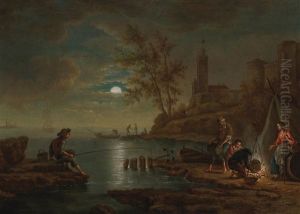 A Nocturnal Coastal Landscape With A Fisherman And His Family by Michael Wutky