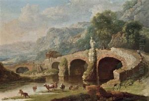 A Wooded River Landscape With Fishermen And Drovers With Their Cattle, A Bridge And Mountains Beyond by Michael Wutky