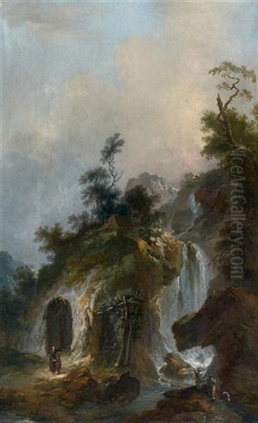 Promeneurs Et Ermite Devant Une Cascade - view 1