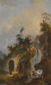 A Landscape With A Hermit's Shrine At The Bottom Of A Waterfall, Possibly The Falls At Tivoli by Michael Wutky