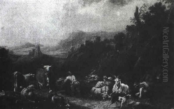 Herder With Cattle And Goats In An Italien Landscape - view 1