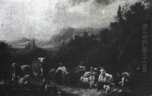 Herder With Cattle And Goats In An Italien Landscape by Johann Matthias Wuzer