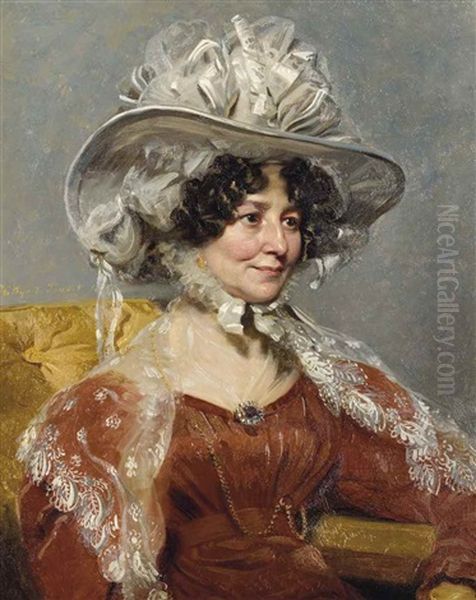 Portrait Of A Lady, Half-length, In A Red Dress With A Lace Shawl And White Bonnet - view 1