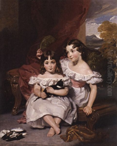 Portrait Of The Fraser Sisters, One In A White Dress With A Yellow Sash And Holding A Kitten, The Other In A White Dress With A Pink Sash, Holding A Green Feather, A Landscape Beyond - view 1