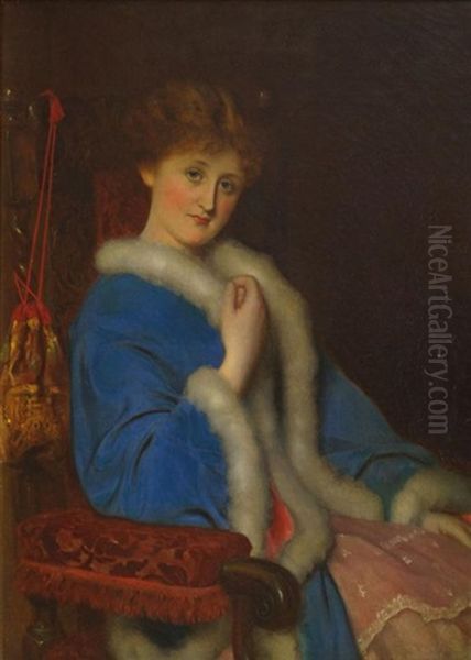 Portrait Of A Lady Seated Three-quarter Length In A Fur Lined Blue Cape In An Interior - view 1