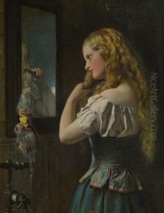Girl Brushing Her Hair At A Mirror
