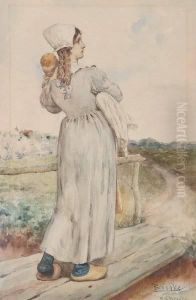 Mother And Child Crossing A Footbridge by Richard Norris Brooke