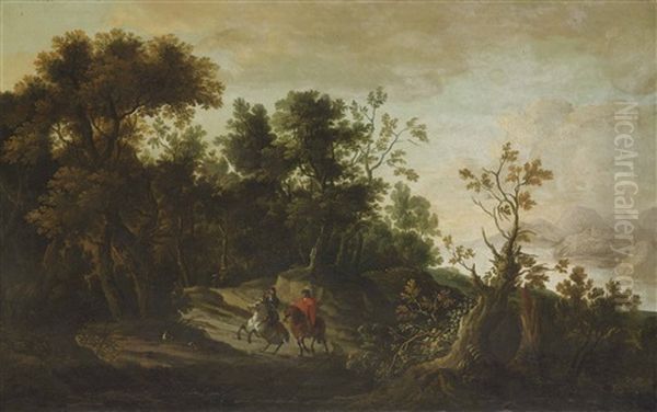 A Hawking Party In A Wooded Landscape, With A River, Mountains And A Ruin Beyond - view 1