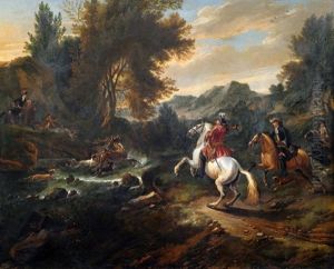 Hirschjagd In Einer Gebirgigen, Baumbestandenen Landschaft