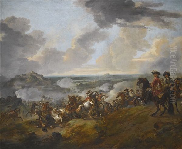 Two Generals Looking Out Over A Battle Taking Place On A Slope By A Hilltop Castle, A Wide Plain In The Distance - view 1