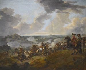 Two Generals Looking Out Over A Battle Taking Place On A Slope By A Hilltop Castle, A Wide Plain In The Distance