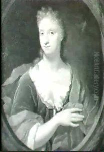 Portrait D'une Jeune Femme Dans Un Manteau Orange Vue A     Travers Un Encadrement by Jan Van Wyckersloot