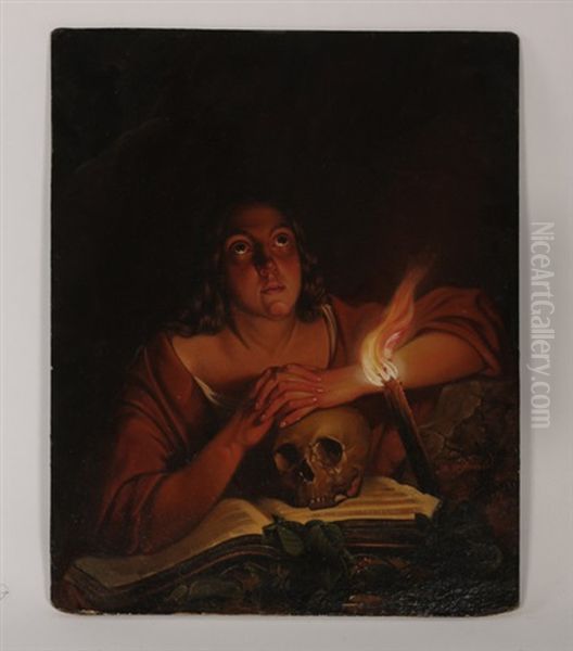 Figure With Hands Clasped Resting On Skull With Torch - view 1