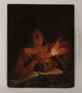 Figure With Hands Clasped Resting On Skull With Torch