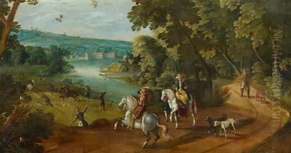 Elegantes Paar Wahrend Der Jagd In Einer Flusslandschaft Vor Einem Flamischen Dorf - view 1