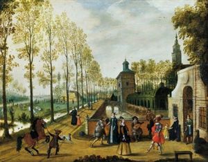 Blick In Eine Weite Landschaft Mit Einer Allee Entlang Eines Wassergrabens Und Eines Renaissanceschlosses Mit Eleganten Figuren by Jacques Van Der Wyhen