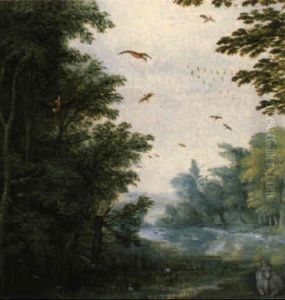 Bewaldete Fluslandschaft Mit Tieren by Jacques Van Der Wyhen