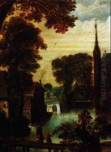 Blick Uber Einen Steg Auf Bauernhauser Und Ein Wasserschloss Mit Renaissancegarten