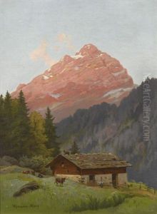 Sommerliche Alp Mit Berggipfel Im Abendrot by Karl Christian Wymann Mory