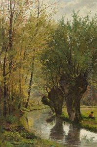 Bachlauf Mit Knuppelweiden Und Figurenstaffage An Einem Fruhlingstag