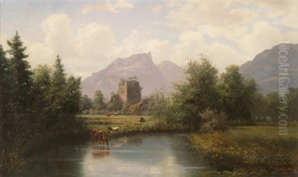 Kuhe Am Teich Vor Ruine Und Gebirgslandschaft - view 1