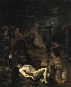 Ein Zauberer Und Hexen Bei Einer Nachtlichen Beschw"rung by Domenicus van (Ascanius) Wynen
