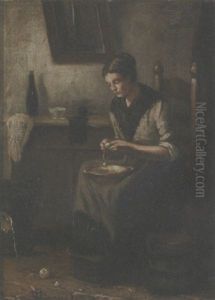Interior With Woman Peeling Potatoes by Theodorus Van Wyngaarden