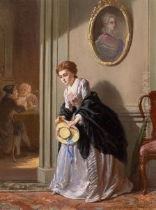 Interieur Mit Einer Lauschenden Jungen Dame An Der Tur